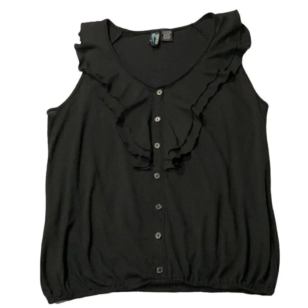 Sleeveless V Neck Blouse Solid Black Ruffle Trim - Picture 2 of 7